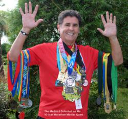 CPR Advocate Greg Goebel with a portion of his collection of completed marathon medals